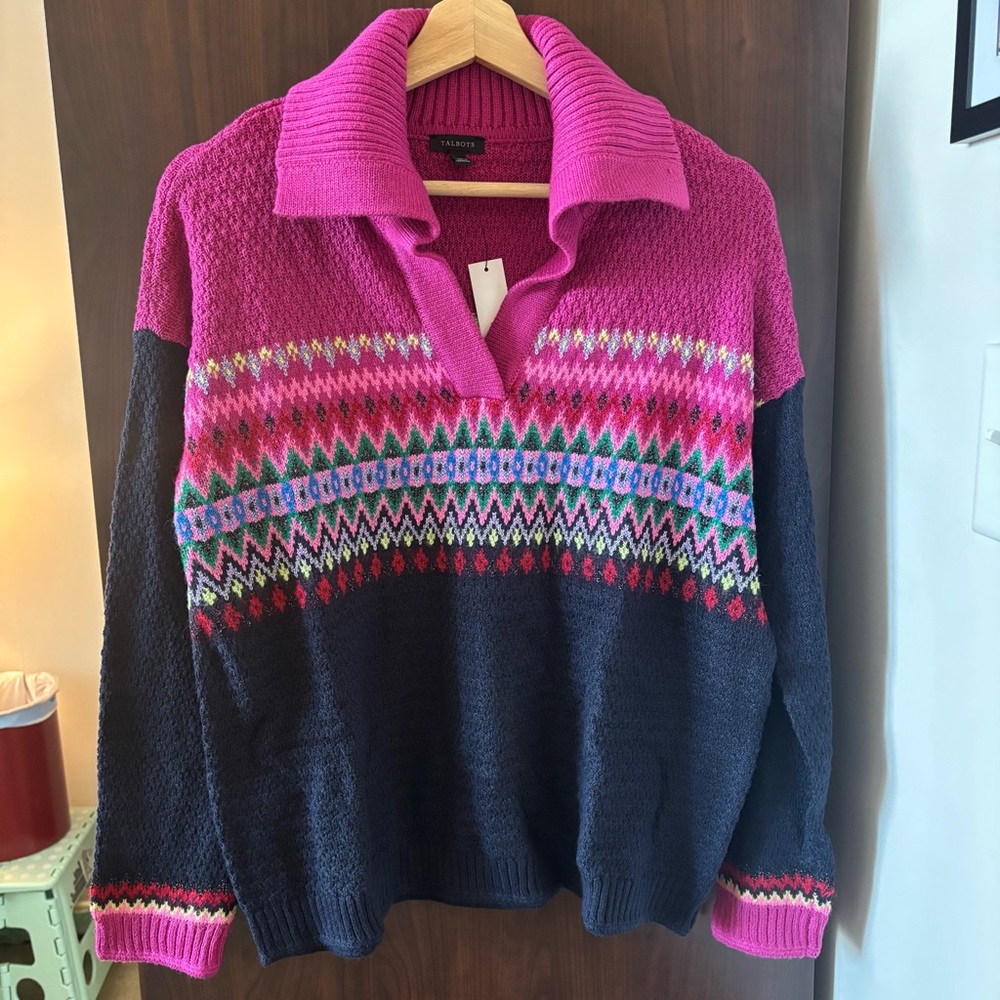 Talbots Pink & Navy Fair Isle Polo Sweater
